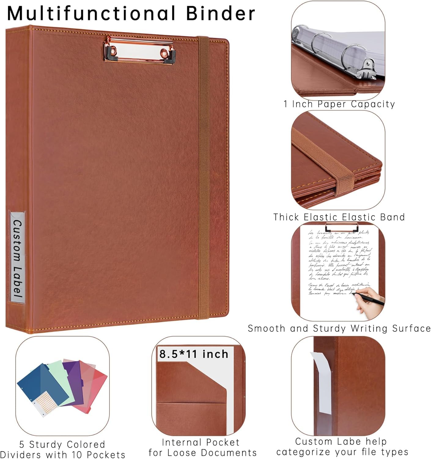 HAUTOCO Klemmbrett A4 Ordner, Ringbuch Mit 3 Ringen 25 mm, PU Leder Ringordner Schmal, Aktenordner Mit 5 Dokumententaschen, Klemmbrett Mit Deckel für Studium, Büro, Braun