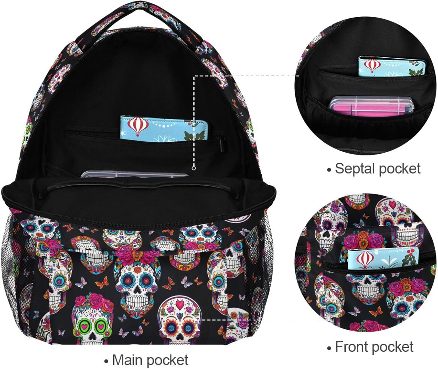 Pfrewn Sugar Skulls Backpacks for Girls Boys Hipper Skull Floral Leavs School Backpack Bookbags for Kids Students 16"