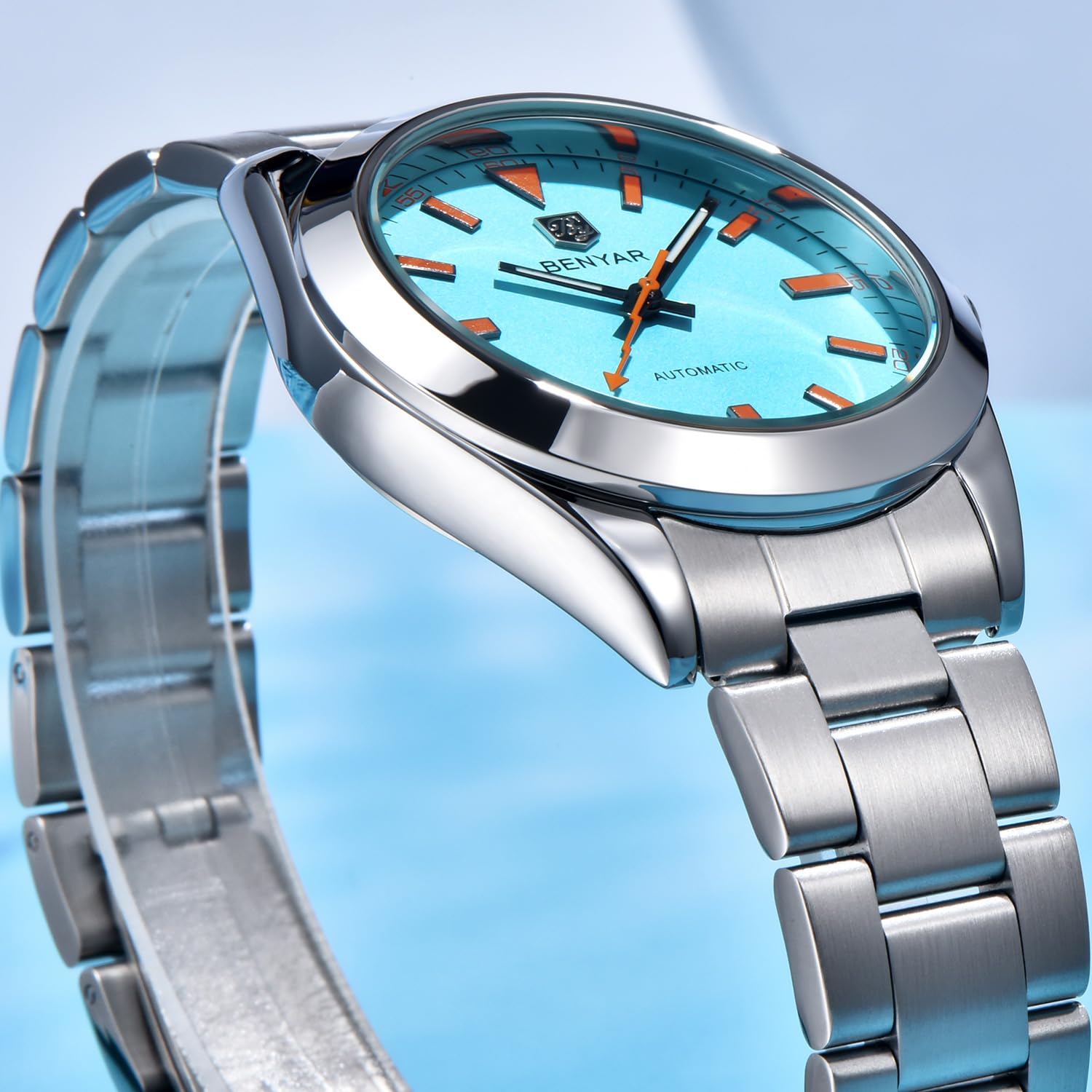 BENYAR Orologio meccanico automatico da uomo, modello 5218, quadrante in cristallo zaffiro, acciaio inossidabile, impermeabile 100 m, a carica automatica, orologio da polso da lavoro