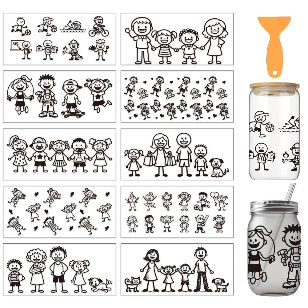 arricraft 10 Pcs Stick People PVC Cup Transfer Stickers, Cute Family Stick Figure Pattern UV Waterproof Cup Sticker Rub on Decal for 16 oz Glasses Window Home Printing Decoration 24x11cm