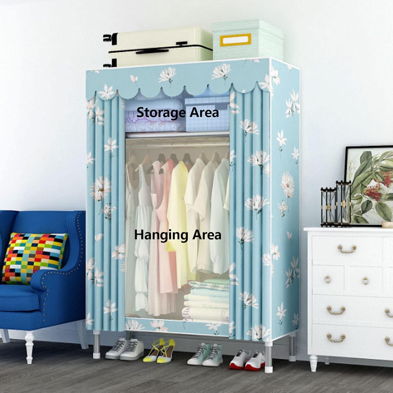 Wardrobe,Portable Canvas Wardrobe Shelves with Hanging Rail,Shelves,Fabric Wardrobe,Clothes Closet Storage Organizer for Bedroom,B-85x45x175cm