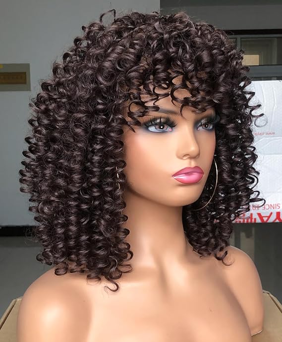 Short Curly Afro Wigs with Bangs for Black Women African Synthetic Glueless Heat Resistant Fluffy Bomb Curly Hair Wig (Brown)