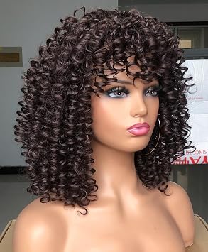 Short Curly Afro Wigs with Bangs for Black Women African Synthetic Glueless Heat Resistant Fluffy Bomb Curly Hair Wig (Brown)