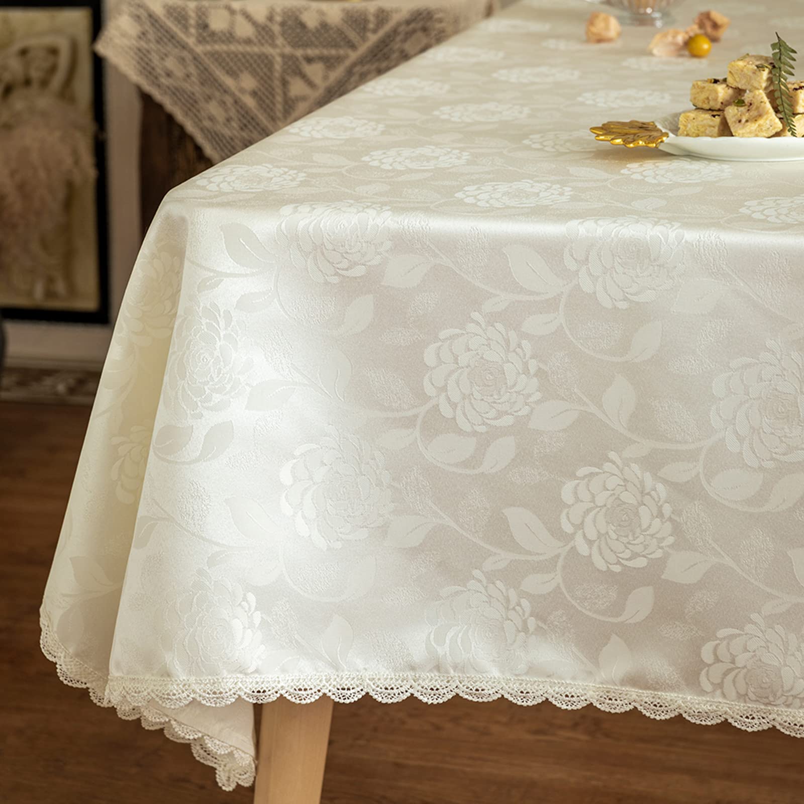 GLORY SEASON Nappe Texturée Imperméable Bordure en Dentelle Rectangulaire Tissu Jacquard Nappe, Décoration de Table de Cuisine à Manger, Couverture de Table Ronde pour Usage(140x240cm, Blanc Ivoire)