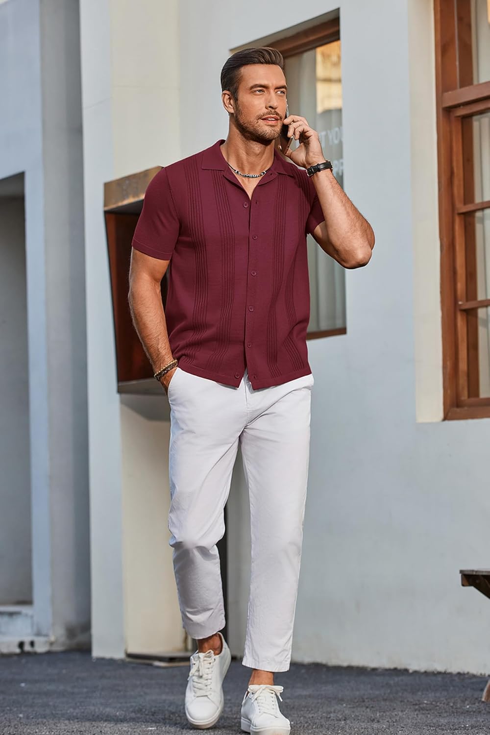 COOFANDY Men's Knit Shirt Short Sleeve Button Down Vintage Polo Shirts Casual Summer Beach Shirts - Image 5