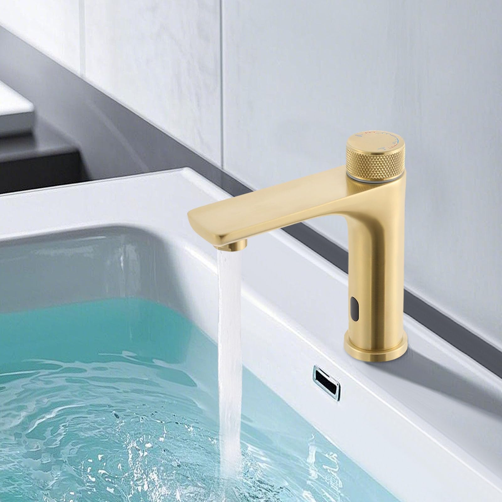 Rubinetto con sensore a infrarossi, automatico, a induzione, miscelatore senza contatto, per lavandino in bagno, 0-90 ℃, cavo USB/funzionamento a batteria (oro)