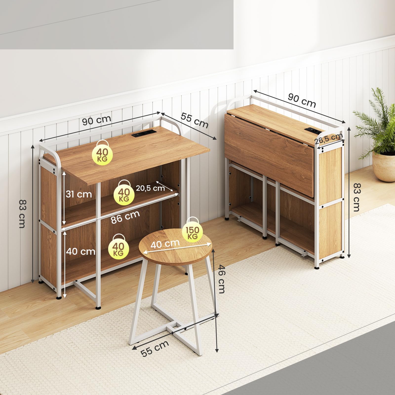 COSTWAY Inklapbare computertafel met 3 laden en wieltjes, bureau met
