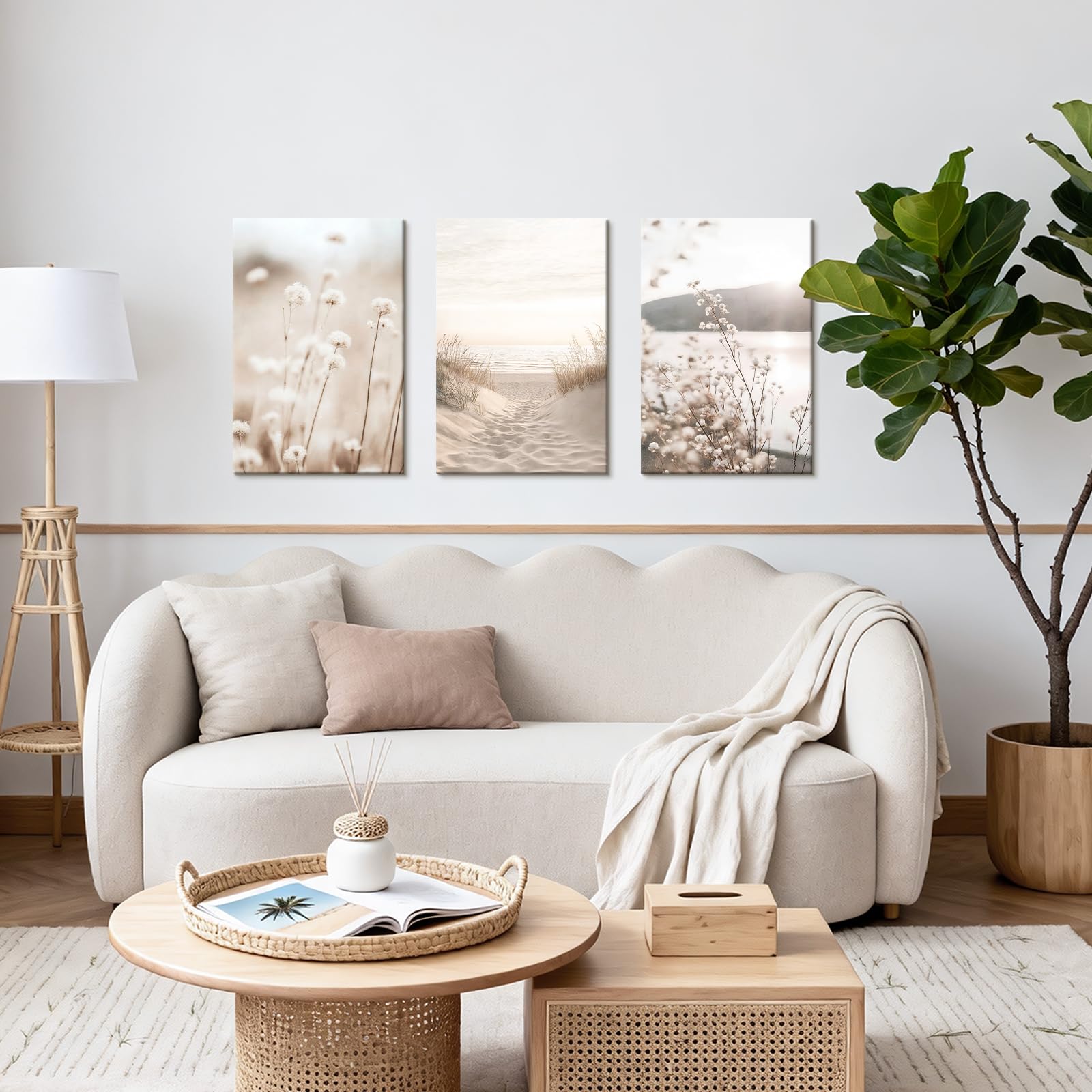 WENGTIAO 3 Stück Boho Beige Landschaft Leinwand Bilder Kunstdrucke Gerahmt, Minimalistische Blumen Strand Küsten Gemälde auf Leinwand, Wandbilder für Modern Wanddeko Wohnzimmer Schlafzimmer 40x60cmx3