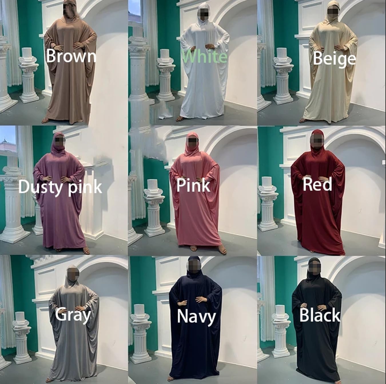 Women's Solid Muslim One-Piece Prayer Dress Abaya Kaftan with Hijab Full Length Dress