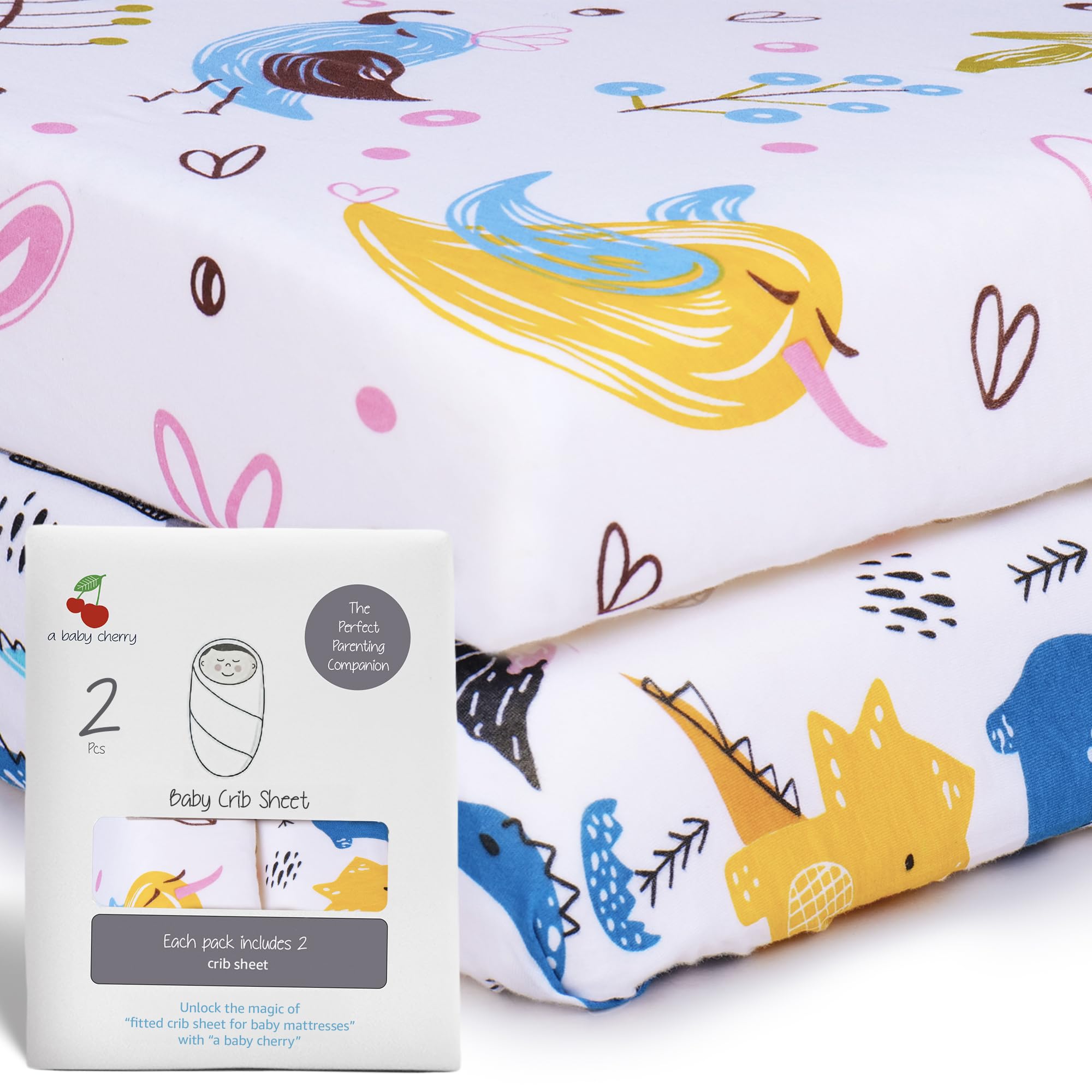 A Baby Cherry Fitted Crib Sheet 100% Organic Jersey Cotton 125 * 65CM, 2 Pack Super Soft and Cozy Crib Cover Set for Toddler Mattress, Crib Bedsheet for Boys & Girls,Animal