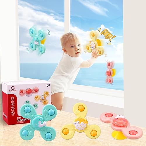 Miniatura 2 de Juguetes giratorios con ventosa para bebé, 3 piezas de juguete sensorial de baño para niños pequeños, juguetes giratorios para niños y niñas, avión,