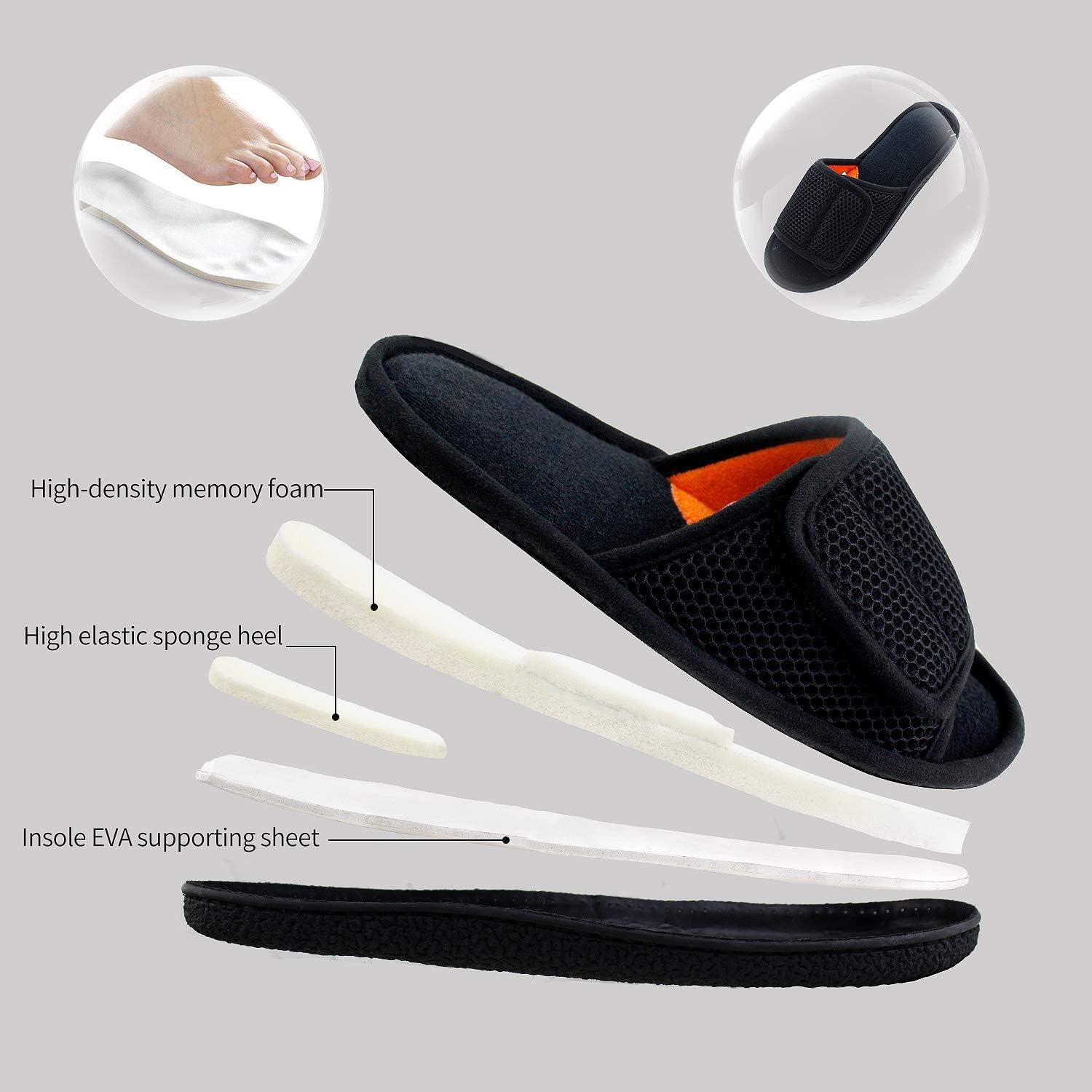 Men's Adjustable House Slippers, Mesh Open Toe Breathable Indoor Slip on