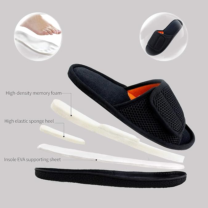 Men's Adjustable House Slippers, Mesh Open Toe Breathable Indoor Slip on