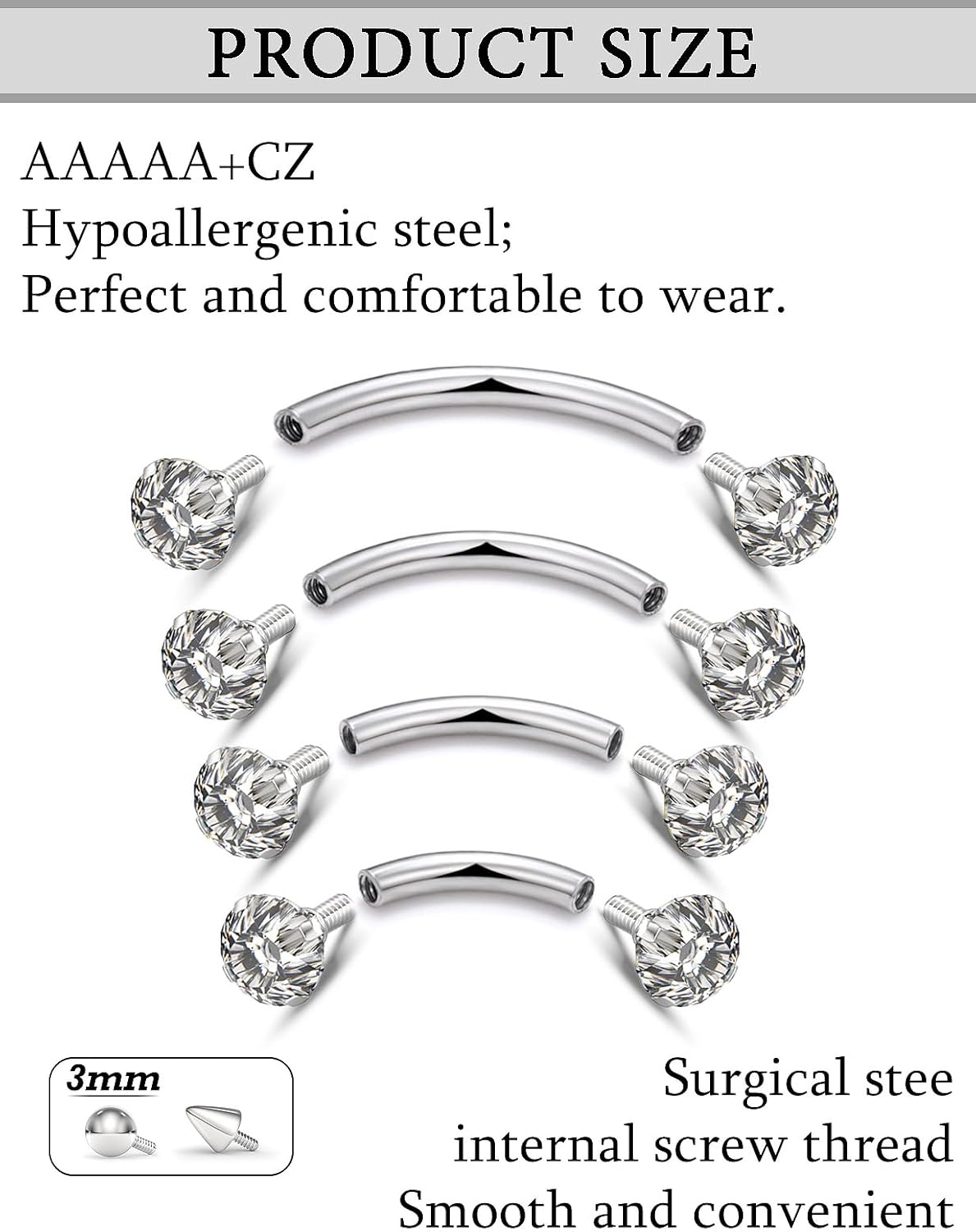 Internal Thread Eyebrow Piercing Jewelry Surgical Steel Curved Barbell Tiny Eyebrow Ring Vertical Labret Lip Jewelry Ear Rook Small Belly Button Ring for Women Men 16g 6mm/8mm/10mm/12mm - Image 3