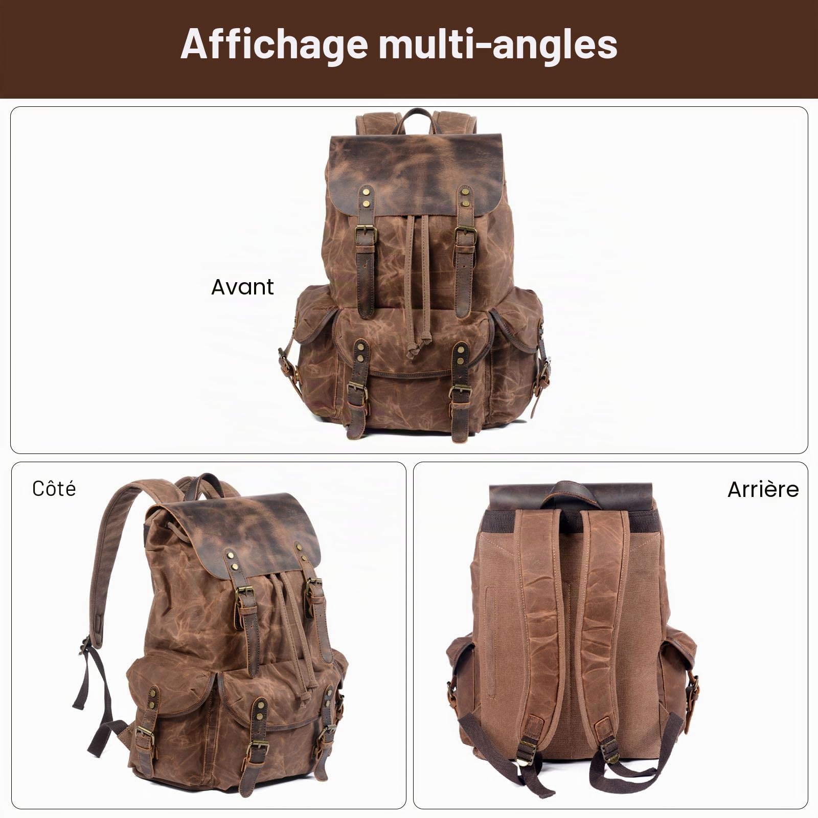FANDARE Toile Sac à Dos de Randonnée Sac à Cordon Sac de Trekking Sac à Dos Grande Capacité Multifonction Sac d'épaule Daypacks pour Alpinisme Escalade Trekking Sport Voyage Camping Brun