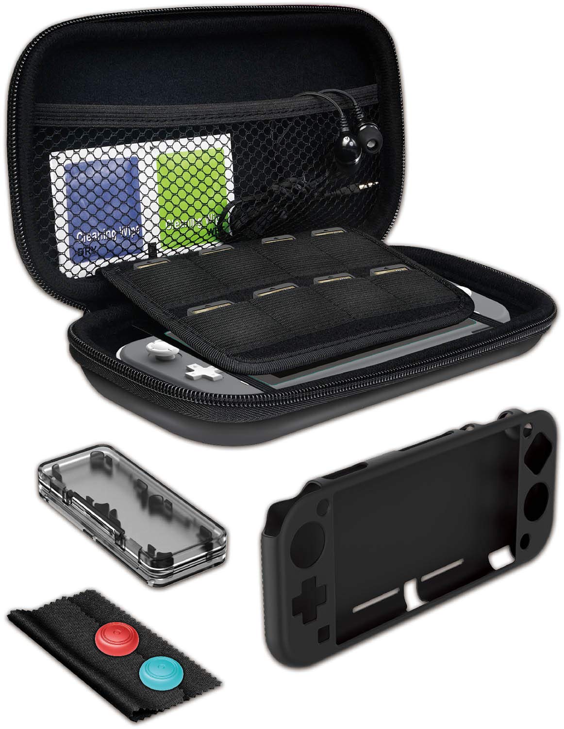 GameWill Starter Kit for Nintendo Switch LITE with Eva Travel case / Silicone Cover / Glass Screen Protector / Headphone Earbuds / Thumb Grips / Game card case / - Black