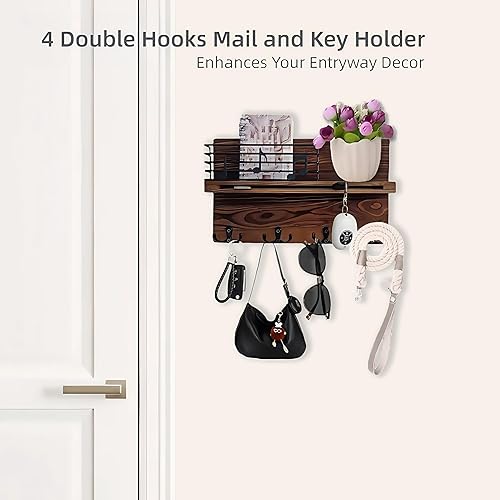 Miniatura 2 de Soporte para llaves de pared, soporte para llaves en la pared con estante, soporte para llaves y correo para pared con 4 ganchos dobles para correa