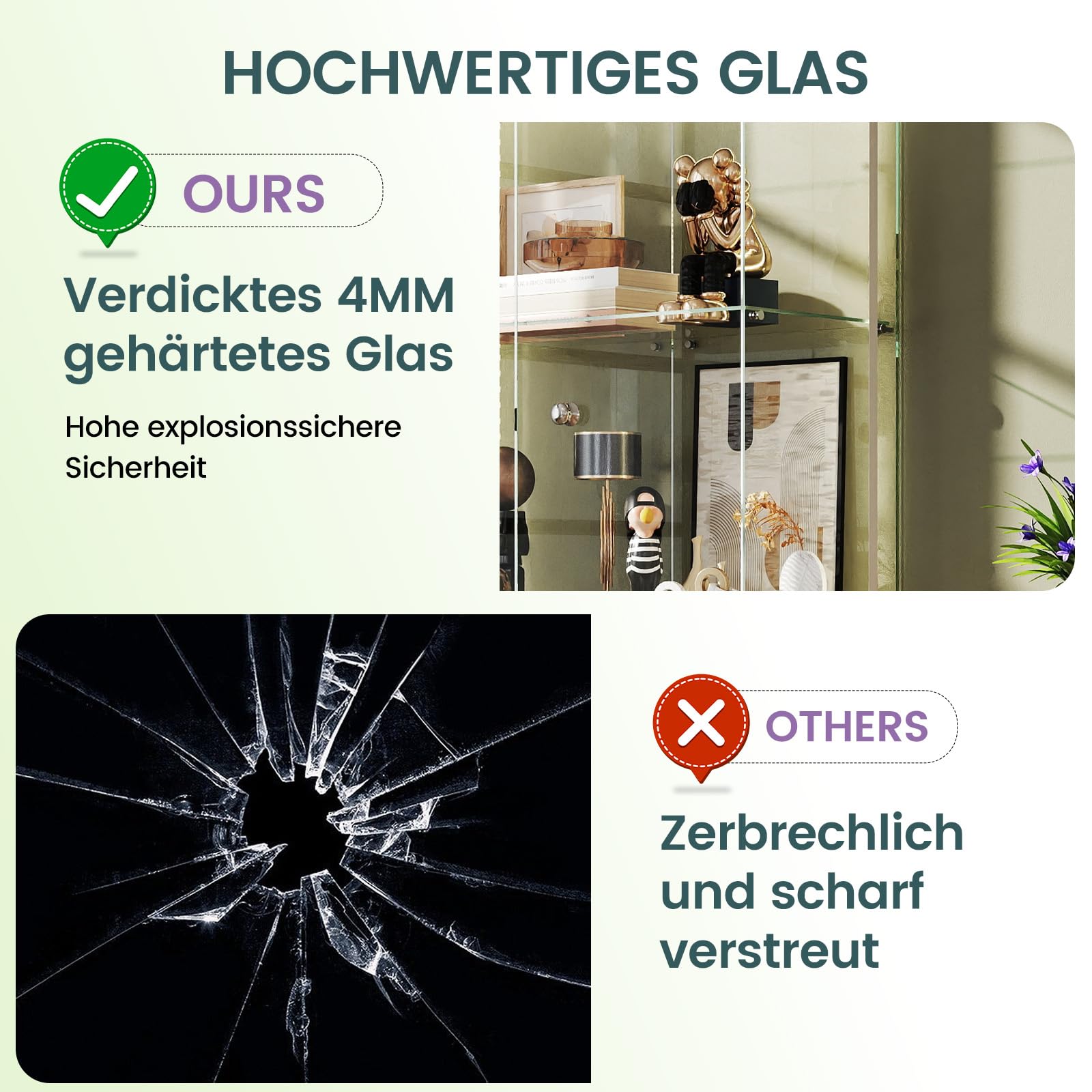 Aplancee Glasvitrine mit LED, 5 Ebenen und 2 Türen, 188x36x80 cm, Schwarz
