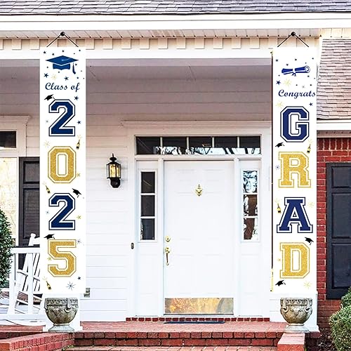 Miniatura 9 de Decoraciones de fiesta de graduación, azul marino, amarillo, decoraciones de graduación 2025, pancartas de clase de 2025, letrero de patio con texto