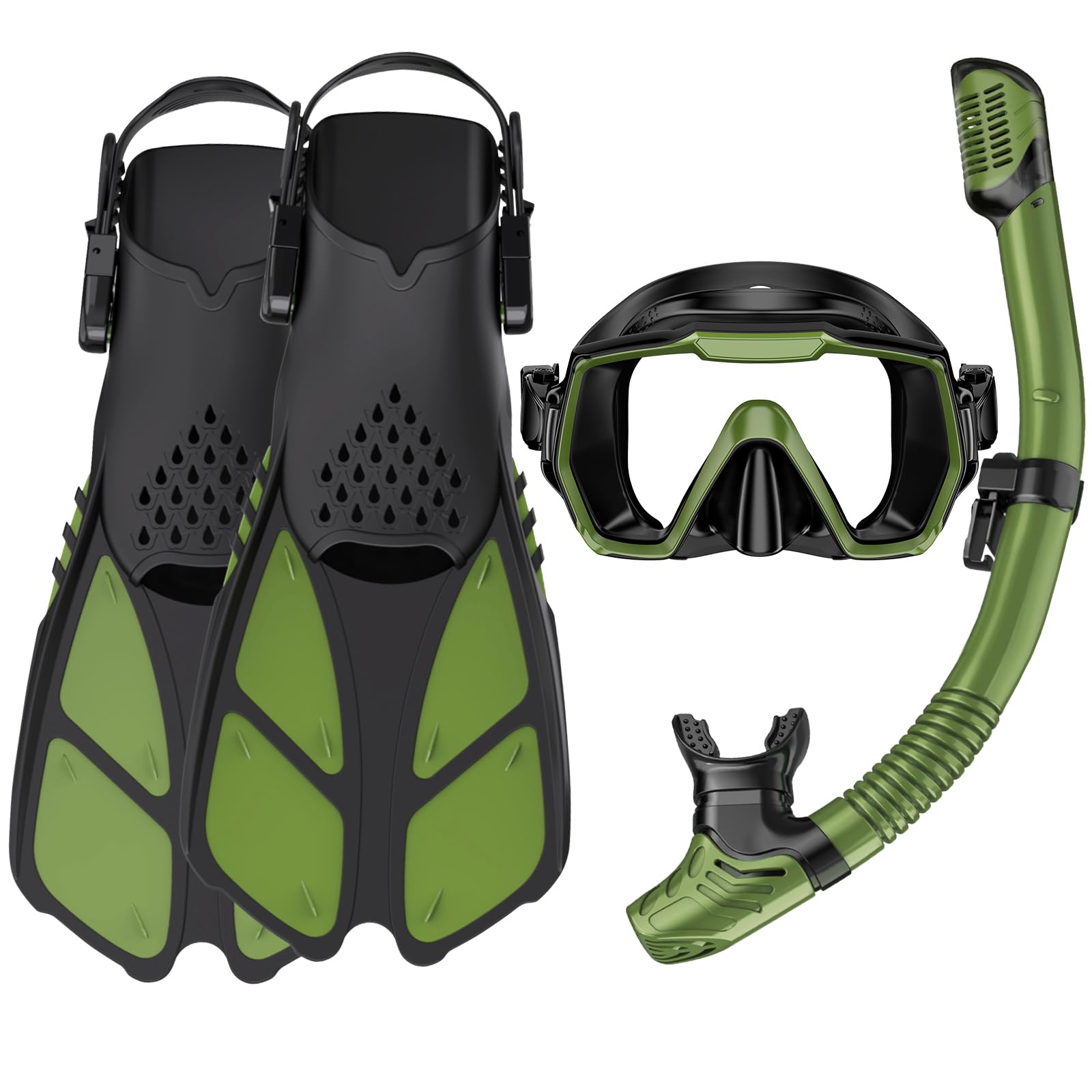 Adults Mask Snorkel Fins Set, Snorkeling Gear for Adult with Fins, Snorkel Sets with Flippers, Adult Anti Leak Scuba Gear with Adjustable Fins Diving Mask Full Dry Top Snorkel with Travel Bags