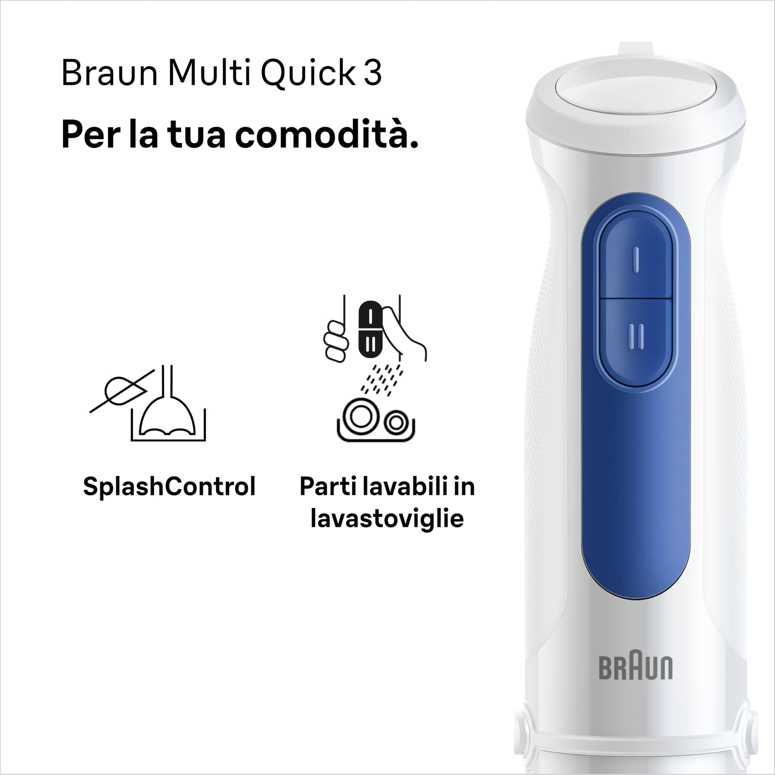 Braun MultiQuick 3 MQ30.001M Minipimer, Frullatore ad Immersione con Asta in Acciaio, 2 Velocità, Dotato di Bicchiere graduato 600ml, 2 Velocità, Tecnologia Splash Control, Tecnologia Tedesca, 900w