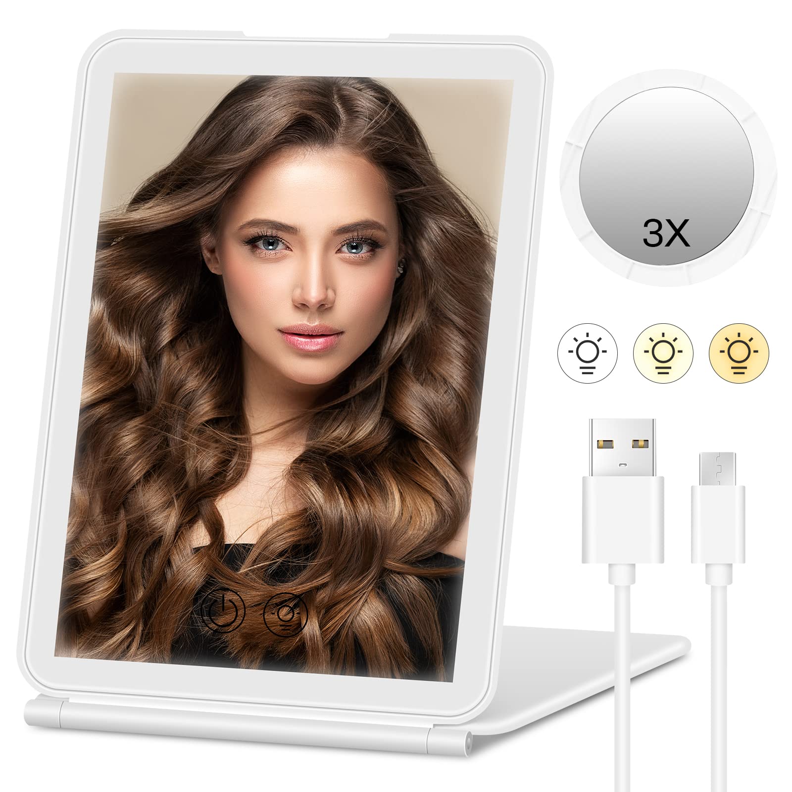 NICEWIN LED Vanity Makeup Mirror with 72 Led 3 Color Lights Dimmable, 1X/3X Magnification, Touch Screen for Adjusting Brightness, Rechargeable Portable desk Compact Travel Mirror