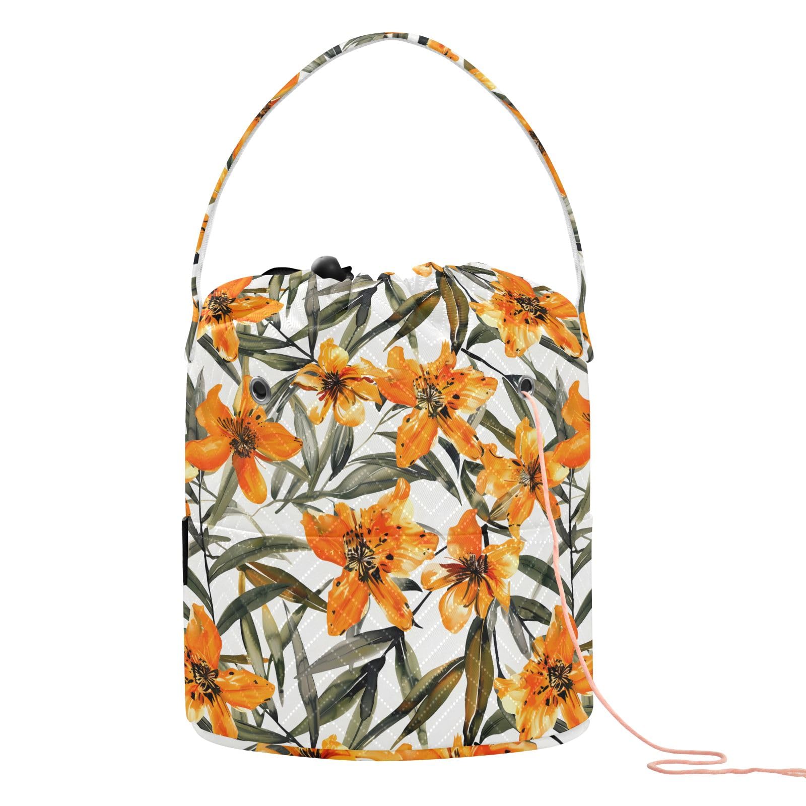 Yarn Storage Bag Small Crochet Bag Knitting Bag Organizer Orange Floral Flowers Yarn Bags for Crocheting Basket