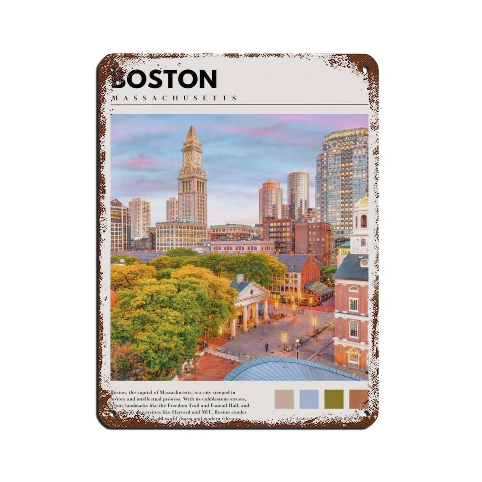 Boston Travel Poster Boston Massachusetts Art Tin Sign Vintage Metal Pub Club Cafe Bar Home Wall Art Decoration Poster Retro 12x16inch(30x40cm)