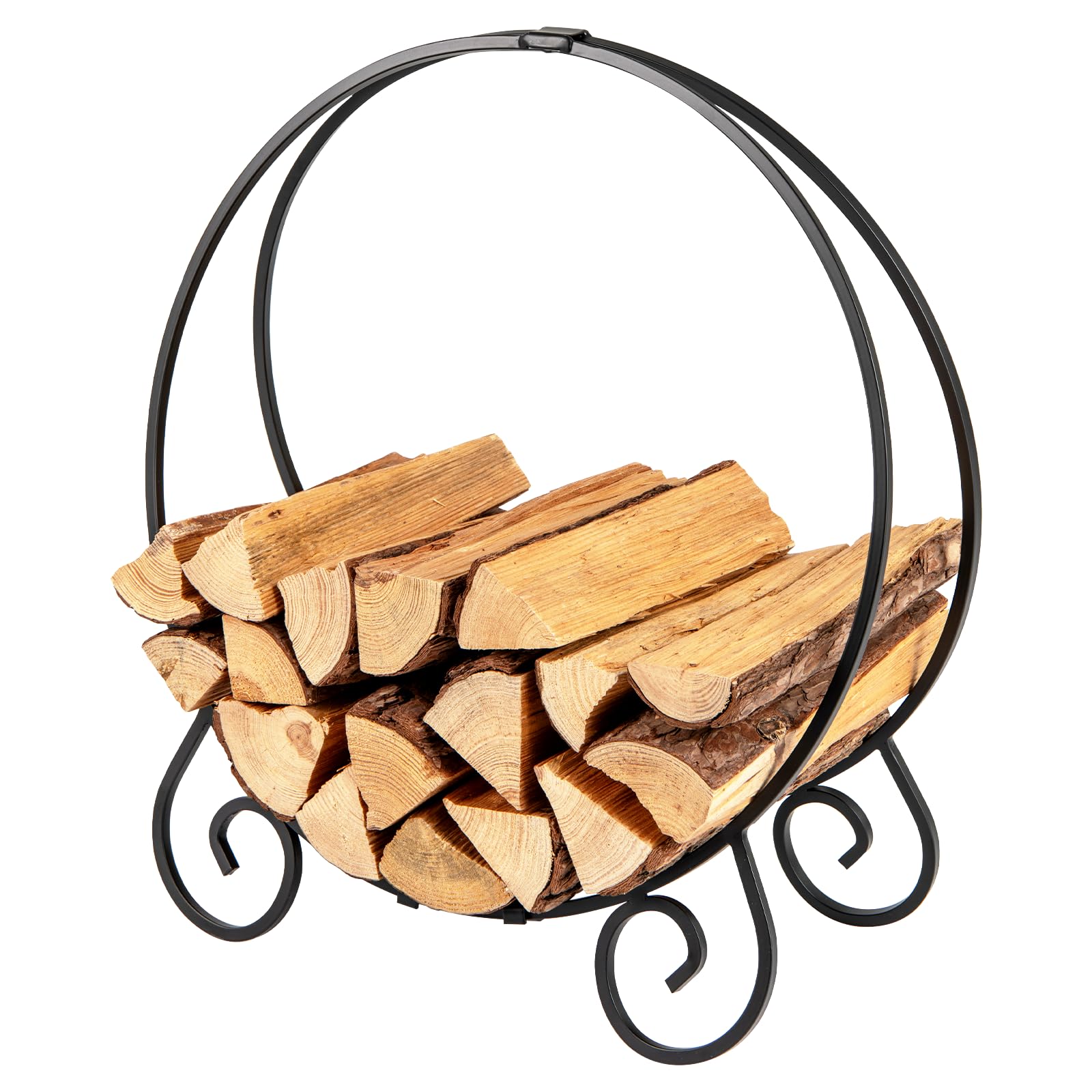 TANGZON Fireplace Log Rack, Heavy Duty Firewood Rack, Rust-resistant Wood Stacking Storage Holder Stand for Indoor Outdoor, Black (Round Shape, with Curved Legs)