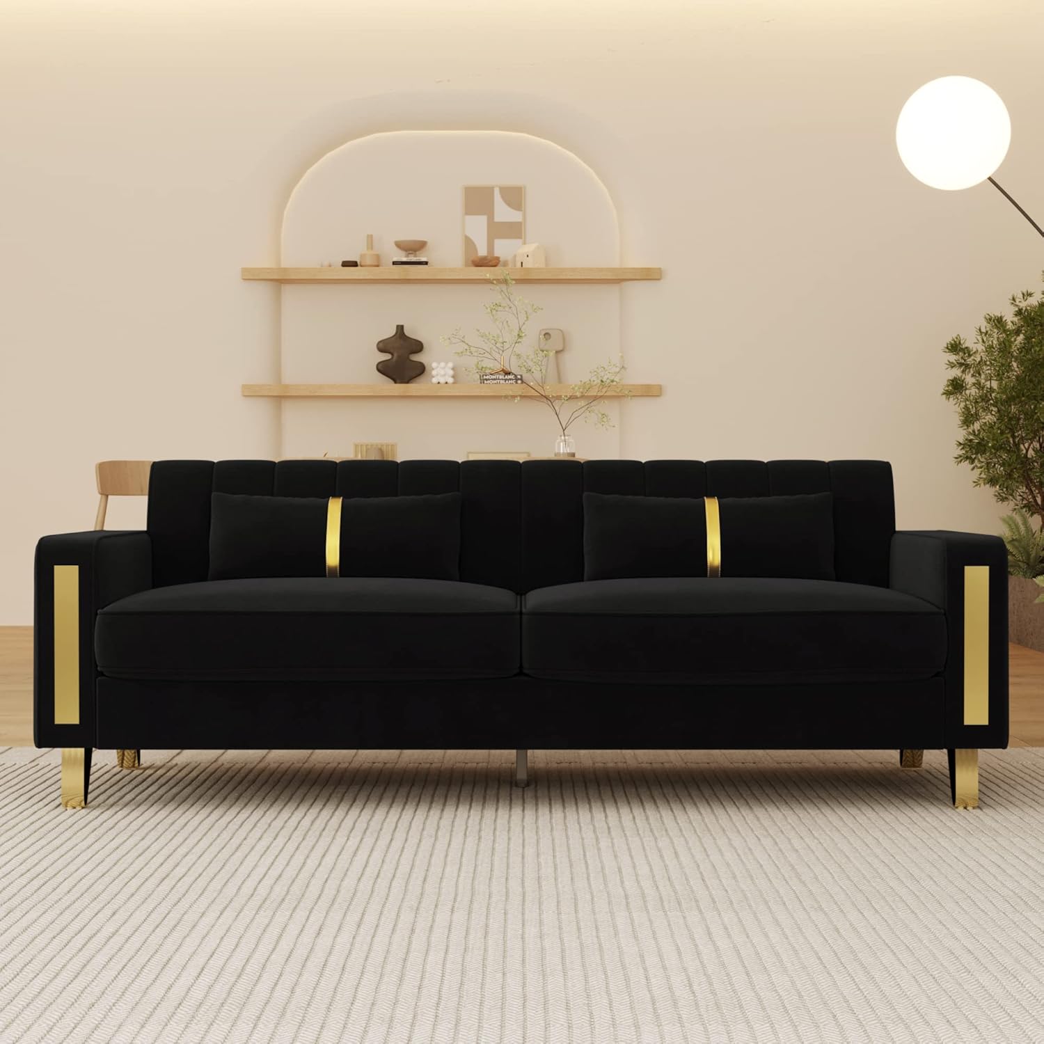 85″ Sofa Couch,Velvet Sofa with 2 Pillows & Gold Legs,750