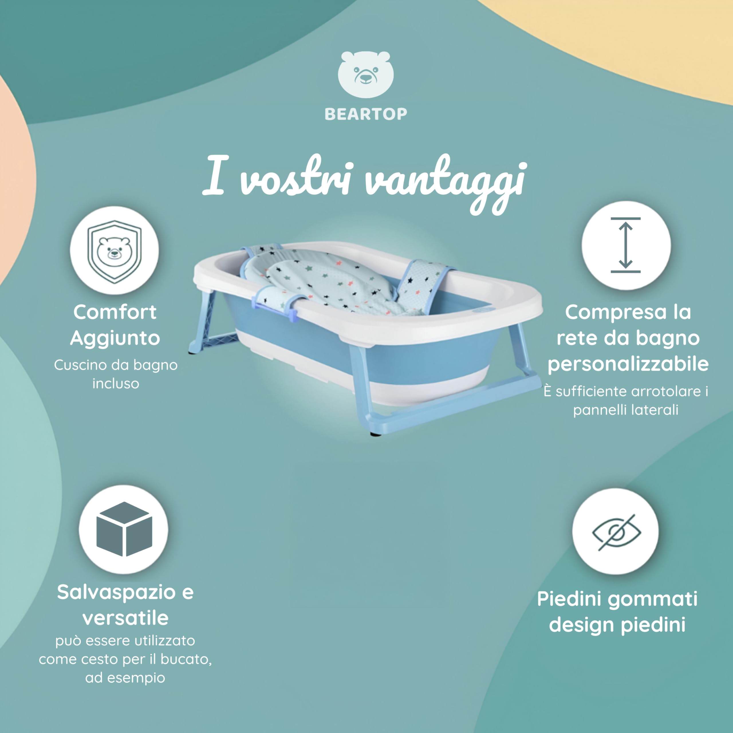 Vaschetta bagnetto neonato pieghevole da BEARTOP | incl. cuscino da bagno | ergonomico & salvaspazio | robusto PP & TPE | vasca da bagno bambini, bagnetto neonati | Garanzia di soddisfazione (3 Anni)*