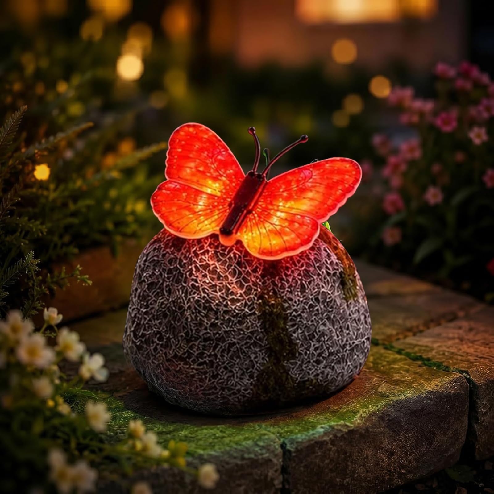 Illuminated Butterfly Stone Garden Light, Solar LED Butterfly Garden Statue with Light-Up Wings, Solar Butterfly Lights for Outside, Outdoor Waterproof Pathway Lights for Garden, Yard, Patio (Red)
