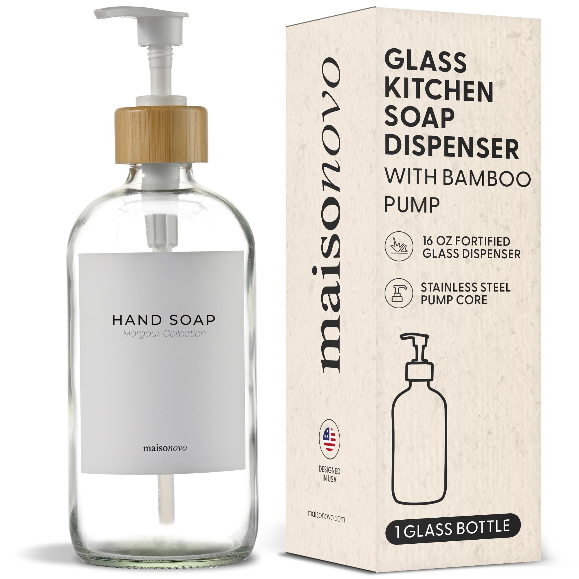 MaisoNovo Dispensador Jabon Cocina Encimera Juego De 1-500ml Cristal Dosificador Jabon Cocina - 1 x Transparente Botellas De Cristal con De Blanco Bambú Bombas, Impermeable Etiquetas