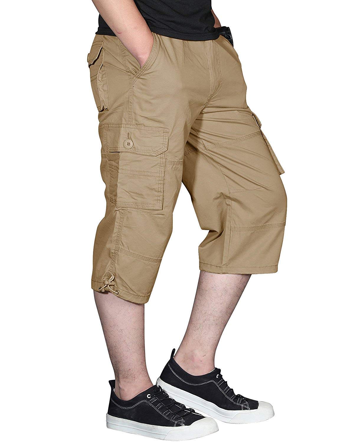 IvnfoutMen's Casual Twill Elastic Cargo Shorts Below Knee Loose Fit Multi-Pocket Capri Long Shorts