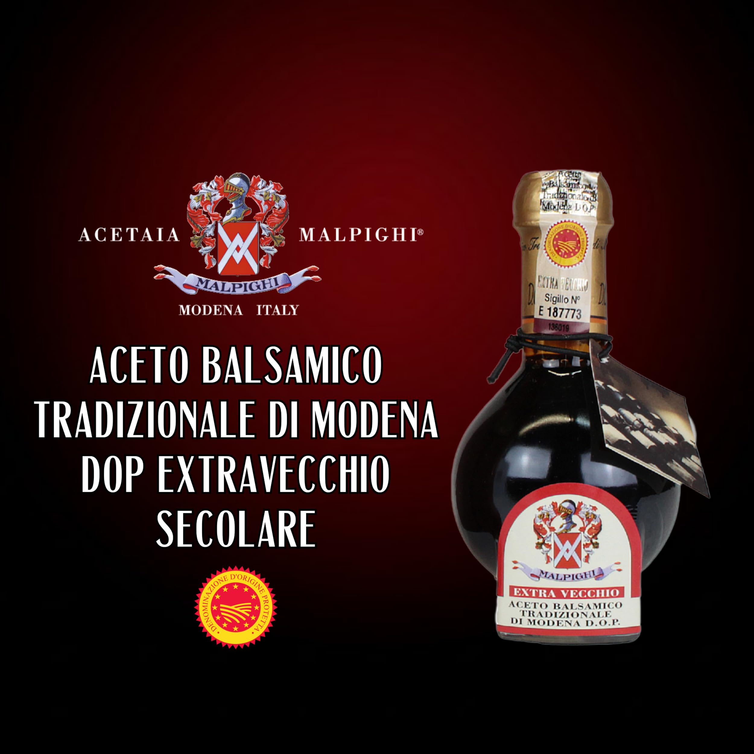 Acetaia Malpighi – Tradycyjny ocet balsamiczny z Modeny DOP Extravecchio Secolare – 100 ml – Tylko gotowany moszcz – Selekcja dla wysokiej gastronomii