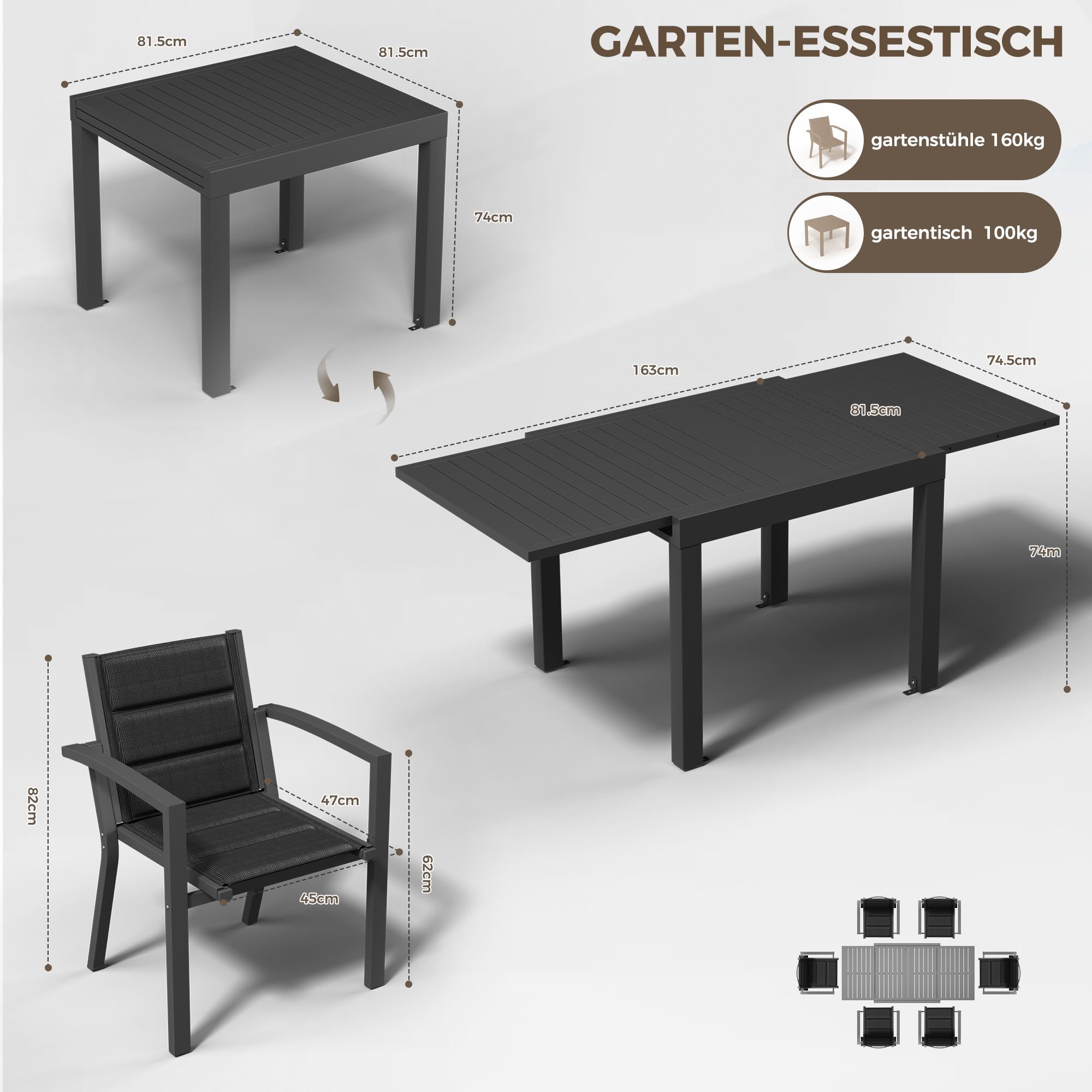 TRIUMPHKEY Gartenmöbel Set 6 Personen, Balkonmöbel mit Aluminium, 6 Stapelstühle und 1 80/160 cm Gartentisch Ausziehbar, Terassenmöbel Außen, Dunkelgrau