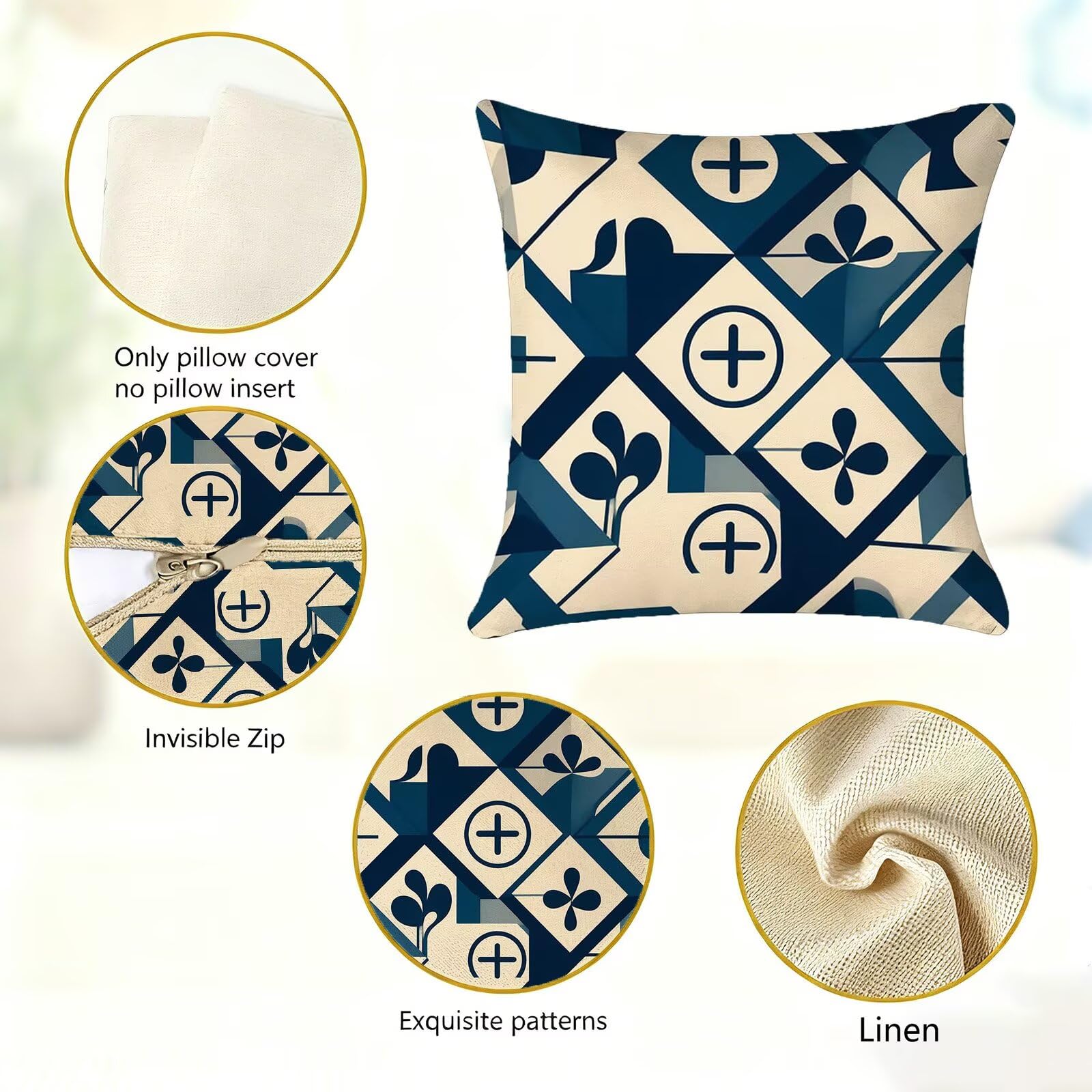 Blu Federe Cuscini Divano 50x50cm, Cuscini da Esterno Set de 4, Cod-128 | Lin Copricuscini Decorativi Letto Arredo, per Letto, Soggiorno, Giardino, Esterno, Casa Decorazione Set di 4 Geometria