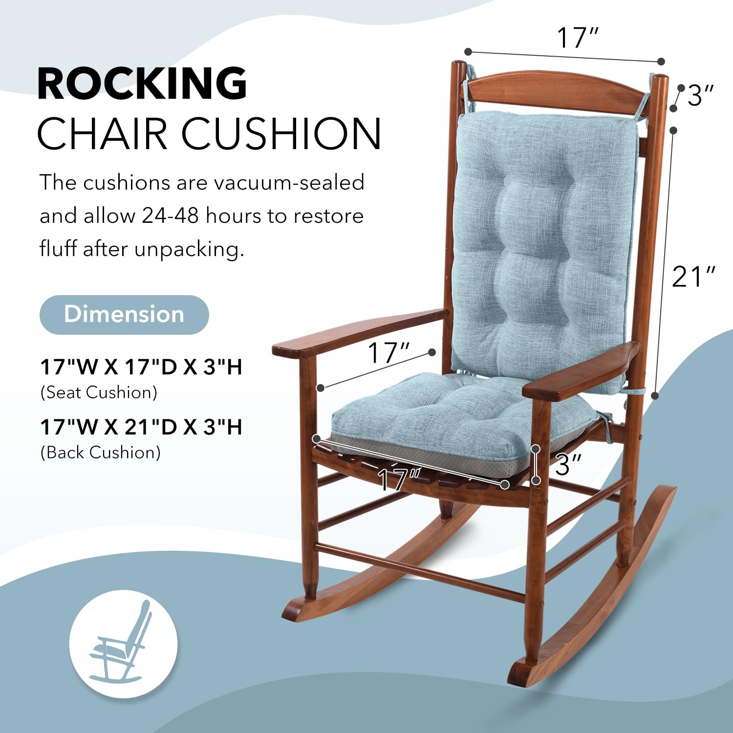 downluxe Indoor/Outdoor Rocking Chair Cushion Set, Tufted Comfortable Cushions for Rocking Chairs with Ties and Non-Slip Backing, Seat 17" x 17" x 3"/Back 21" x 17" x 3", Light Blue, 2 Piece Set