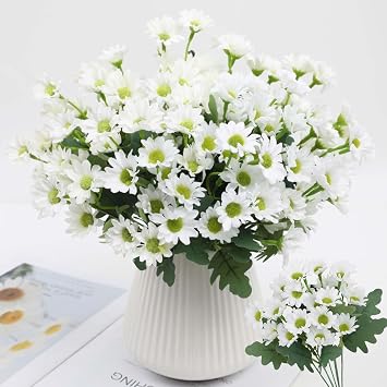 Artificial Sunset Mums, Artificial Outdoor Sunset Mums Flowers - UV Resistant, Waterproof, Windproof, Realistic Fall Faux Flowers for Outdoor Planters for Porch Garden Patio Decor 5, White