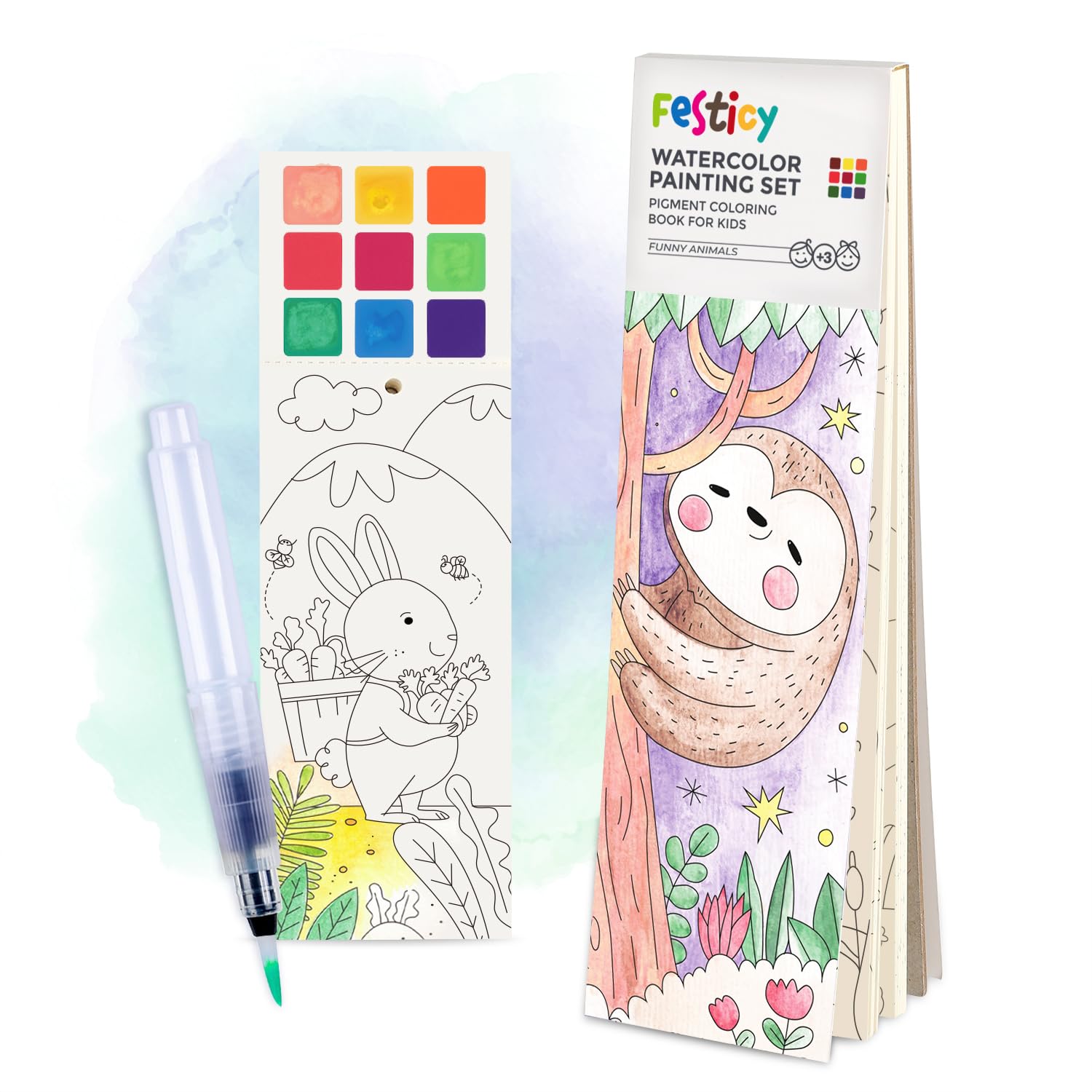 Festicy Aquarell Malbuch mit Wassertankpinsel Edition 2026 I 25 Seiten für Kinder unterwegs I Perfekte Flugzeug Beschäftigung Kinder I Spiele für lange Autofahrten I Urlaub Must Haves