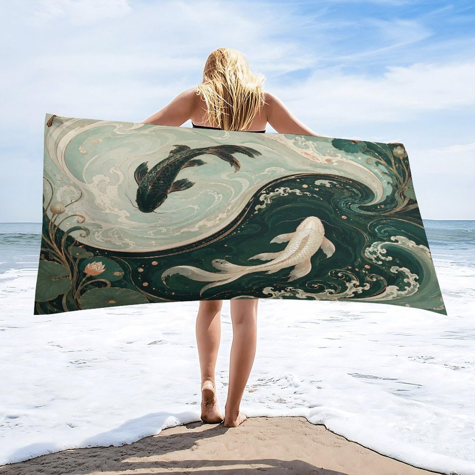 Anceky Koi Fish Yin Yang Water Beach Towel 32"×63",Soft Microfiber Bath Towel Shawl, Quick Dry Absorbent Pool Spa Gym Shower Towel