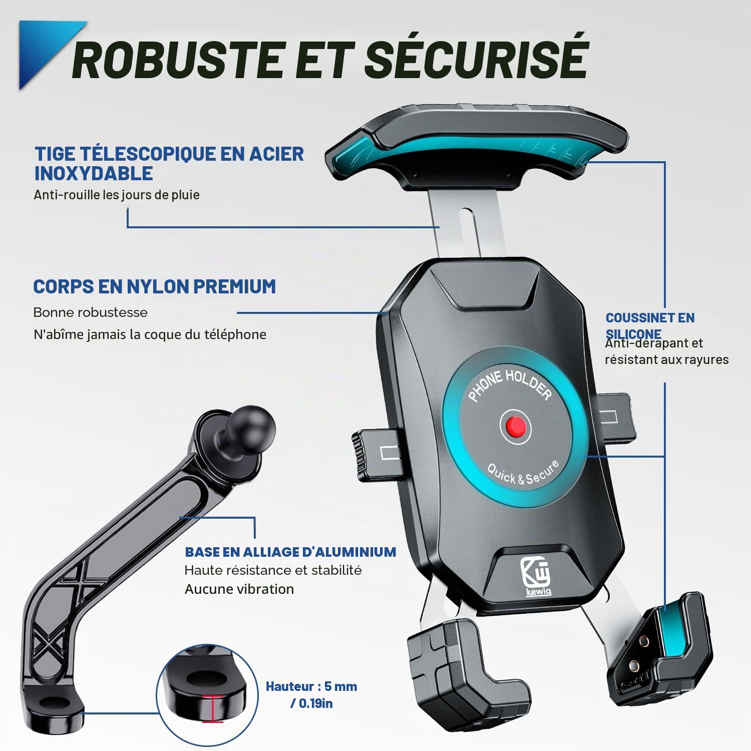 Support Téléphone Moto 360° Rotation Anti-Vibrations Support Smartphone Moto Anti-secousse Porte Telephone Scooter Antirouille Support Telephone Scooter Retroviseur pour 4-7'' Smartphone (Noir)