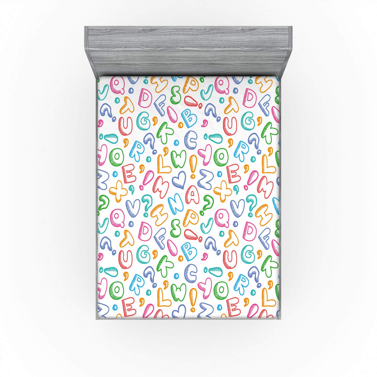 Ambesonne Alphabet Fitted Sheet, Letters in Fun Colors Kids Scribble Style ABC Hearts Comics Art, Soft Decorative Fabric Bedding All-Round Elastic Pocket, Full Size, Orange Green