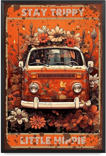Letrero de hojalata vintage Stay Trippy Little Hippie para tratar el hogar, bar, cafetería, tienda de granja, 8.00 x 12.00 pulgadas con marco de