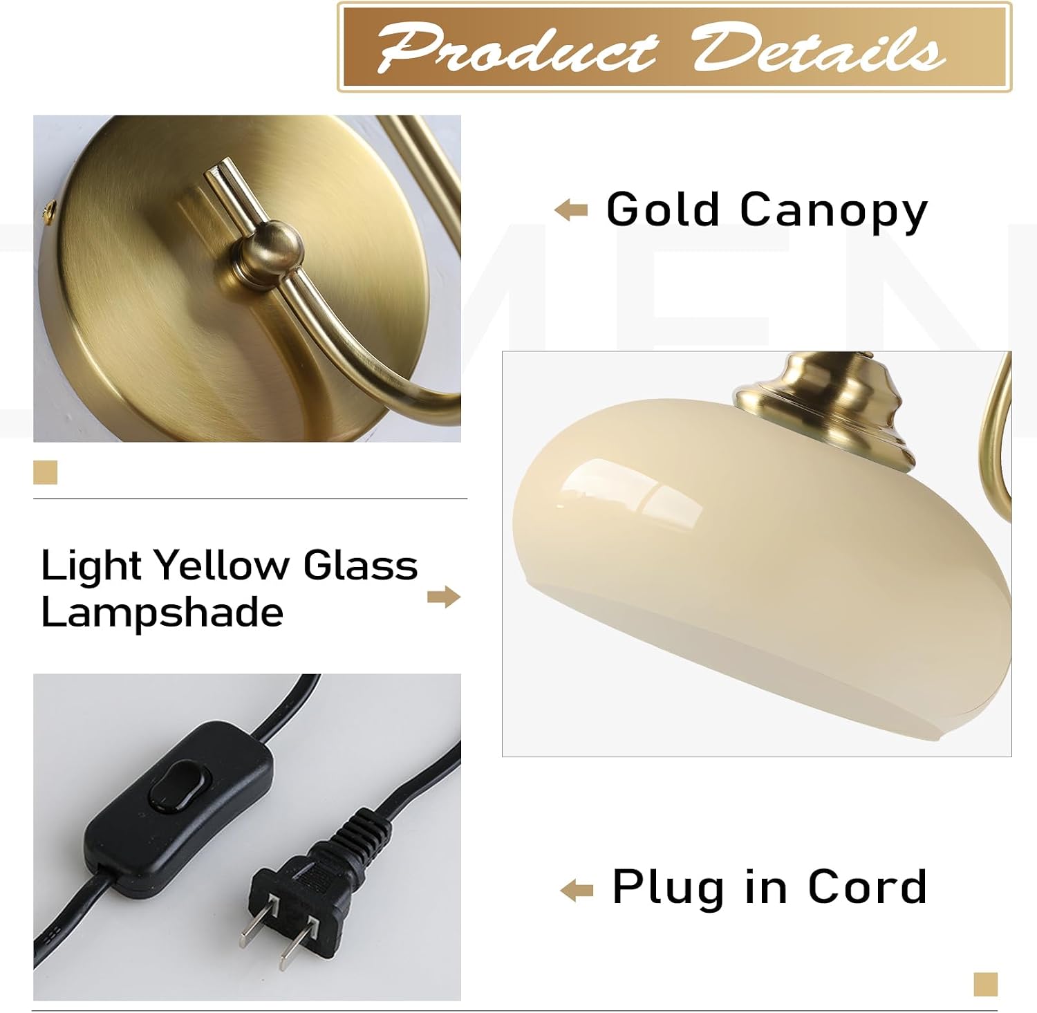 KCO Lighting Glass Globe Plug in Wall Sconces Vintage Goose Neck Wall Lamps Plug in Brass Gold Kitchen Wall Light Fixtures for Living Room Bedroom