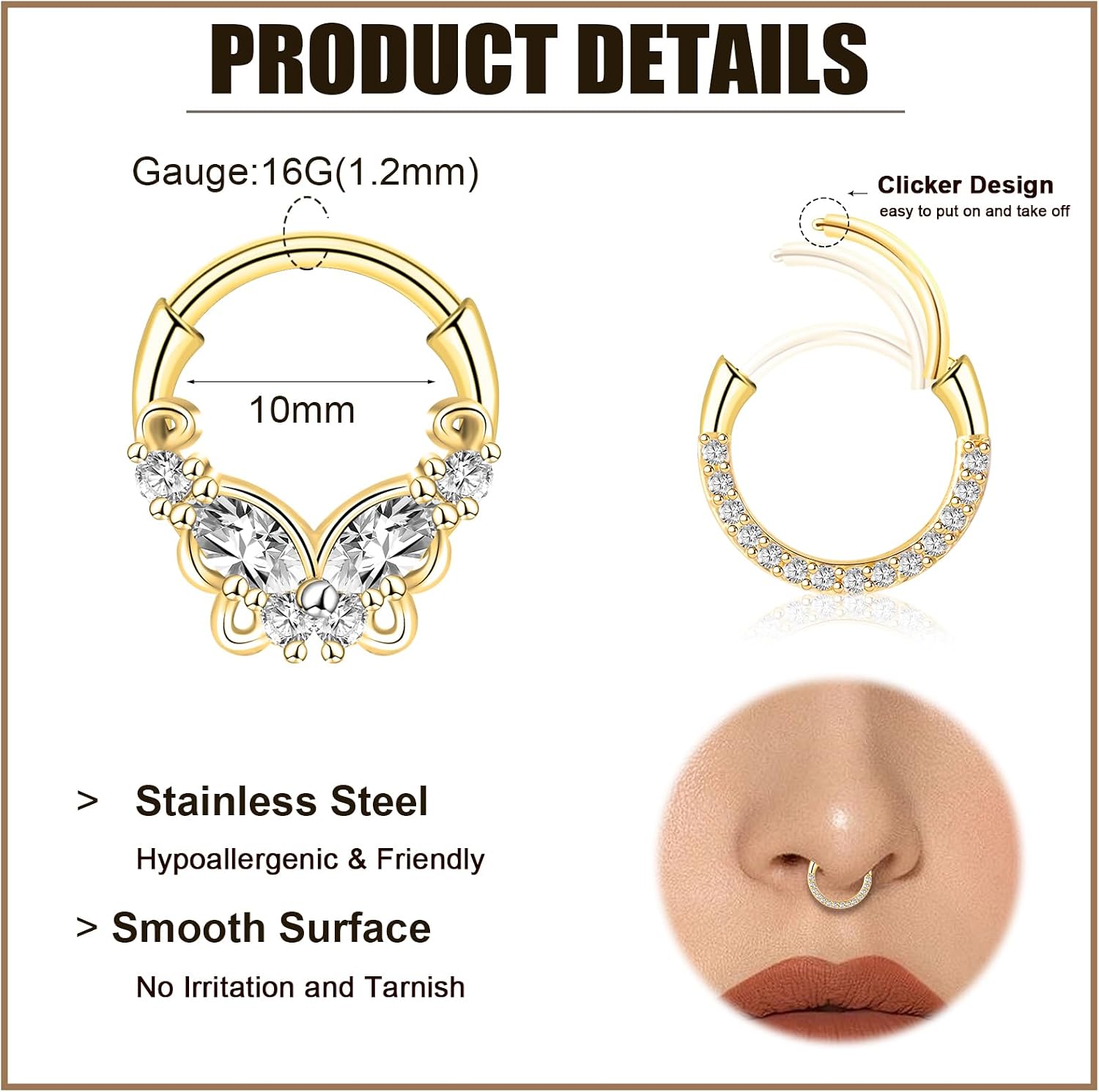 ONESING 20 Pcs 16G Lip Rings for Women Nose Piercing Jewelry Tragus Horseshoe Earrings Hypoallergenic Stainless Steel Pink 10mm