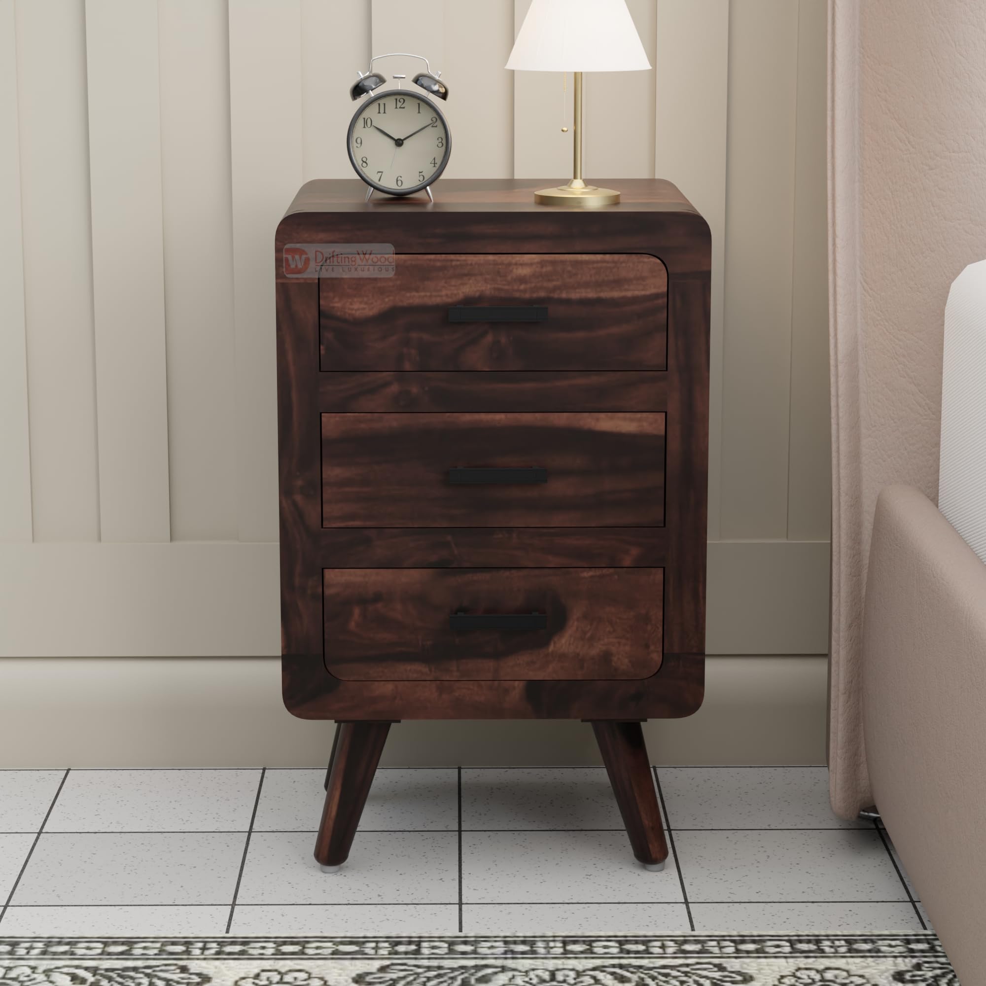 DRIFFTINGWOOD Alicia Solid Sheesham Wood Handcrafted Bedside Table End Table or Nightstand with 3 Drawers, Lamp Table, Walnut Finish