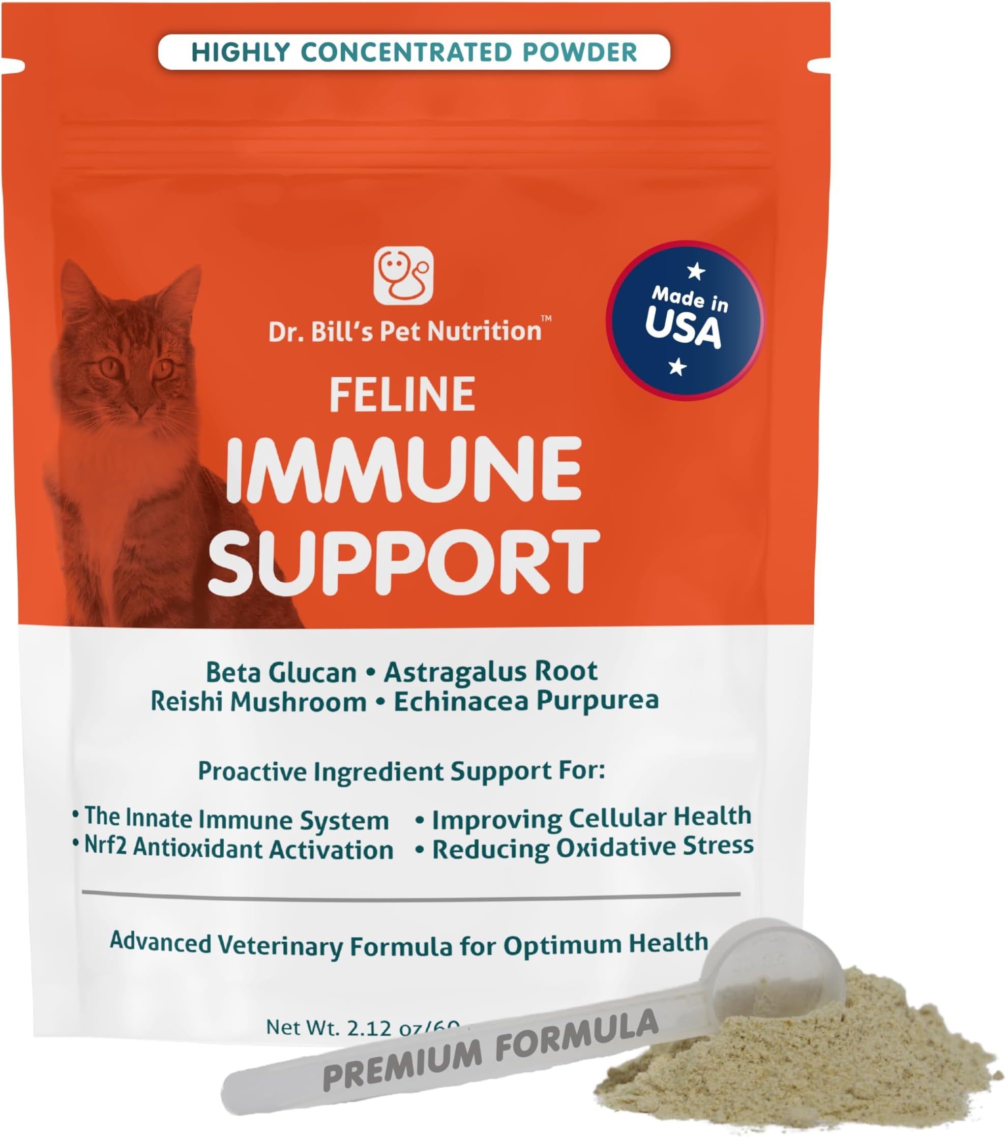 Dr. Bill’s Feline Immune Support | Boosts Cat Immunity and Health with Colostrum, Beta Glucan, Turkey Tail Mushroom, Zinc & Vitamin C | Powder Supplement for Cats of All Ages