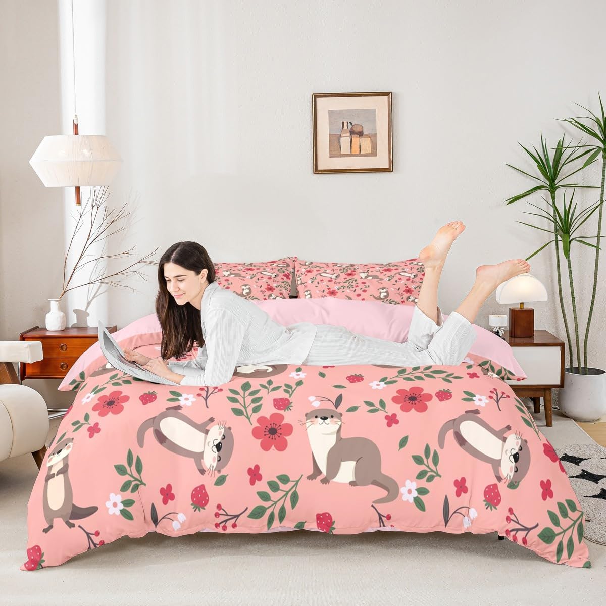 Lovely Otter Duvet Cover Full Size 3 Pcs Cartoon Pink Strawberry Flowers Decor Bedding Set for Kids Boys Girls Cute Wild Animals Rustic Style Comforter Cover with 2 Pillowcases(No Comforter)