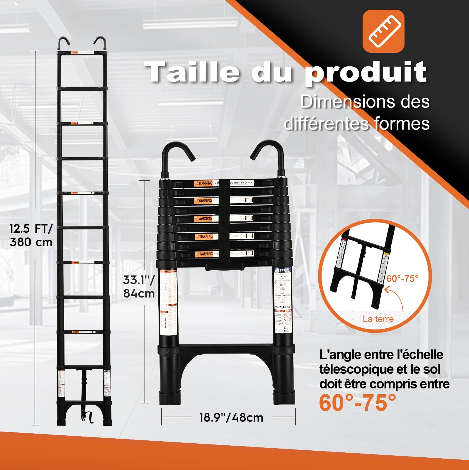HBTower Escamotable en Aluminium,Echelle telescopique 3.2M/10.5FT avec Crochets,Echelle plianteConvient aux Camping-Cars, greniers, extérieurs et intérieurs, Charge Max 150 kg (Noir)